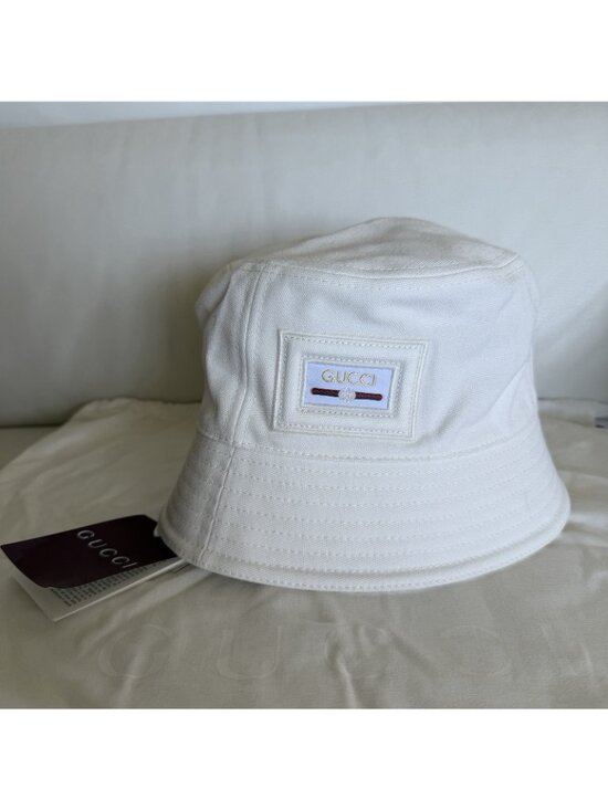 NWT GUCCI CANVAS BUCKET HAT WHITE LOGO Sz S 57 Cm 100% Authentic main image 6